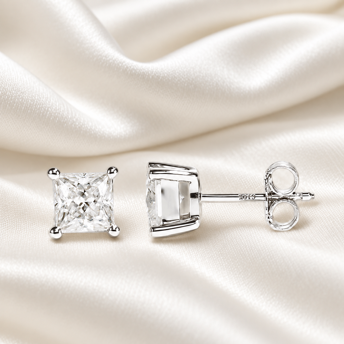 Princess-Cut Moissanite Stud Earrings with 10K White Gold Posts