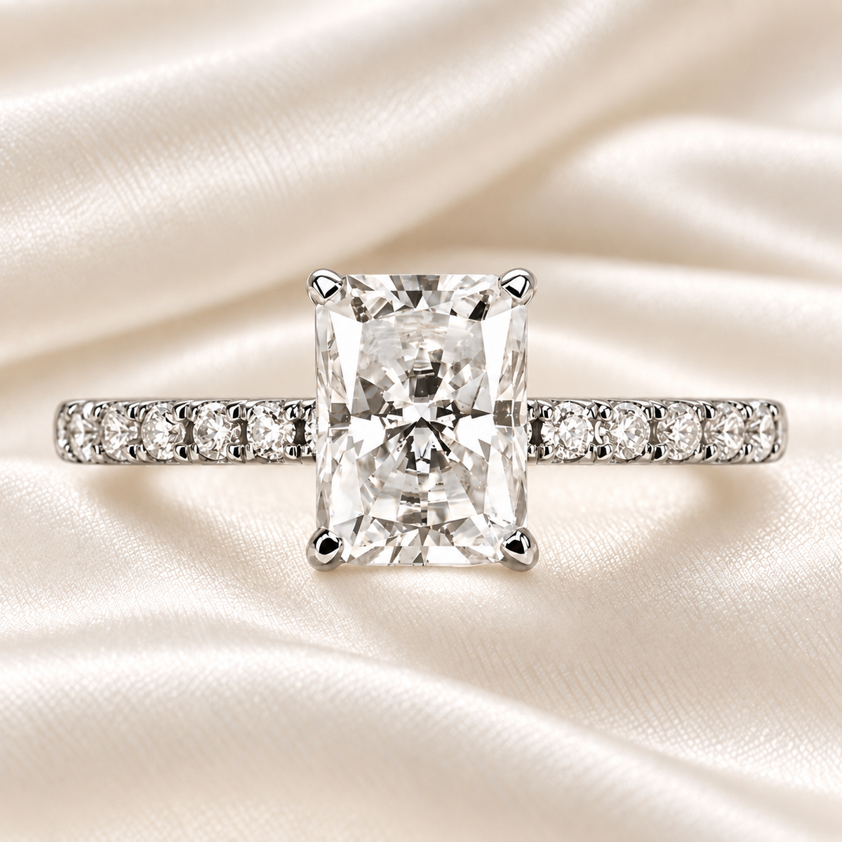Radiant-Cut 3ct Moissanite Ring with Half Pave Band in 18K White Gold Finish