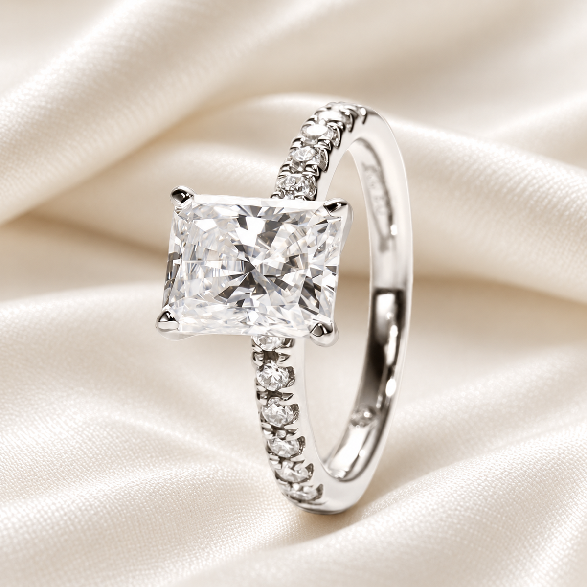 Radiant-Cut 3ct Moissanite Ring with Half Pave Band in 18K White Gold Finish
