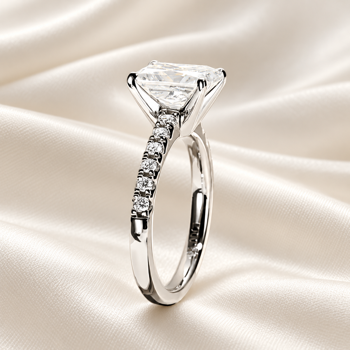 Radiant-Cut 3ct Moissanite Ring with Half Pave Band in 18K White Gold Finish