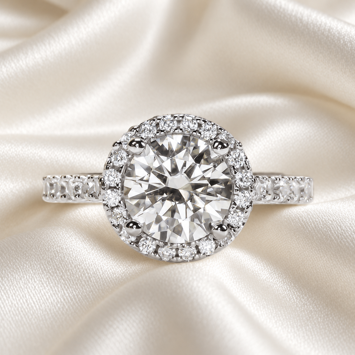 Round 2ct Moissanite Halo Ring with Half Pave in 18K White Gold Finish