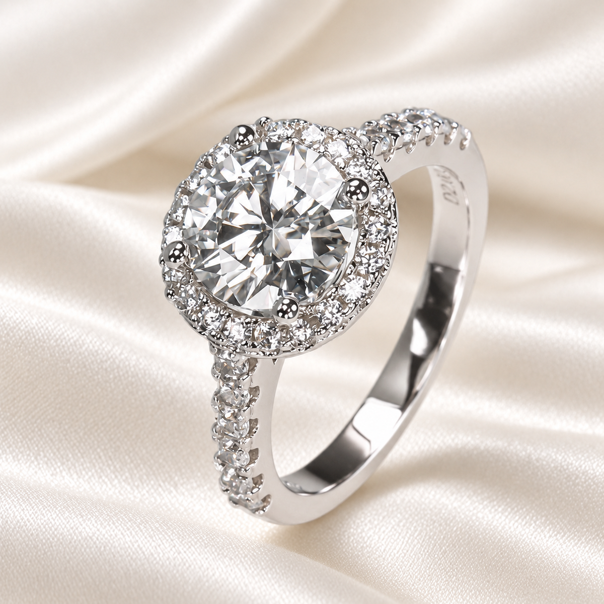 Round 2ct Moissanite Halo Ring with Half Pave in 18K White Gold Finish