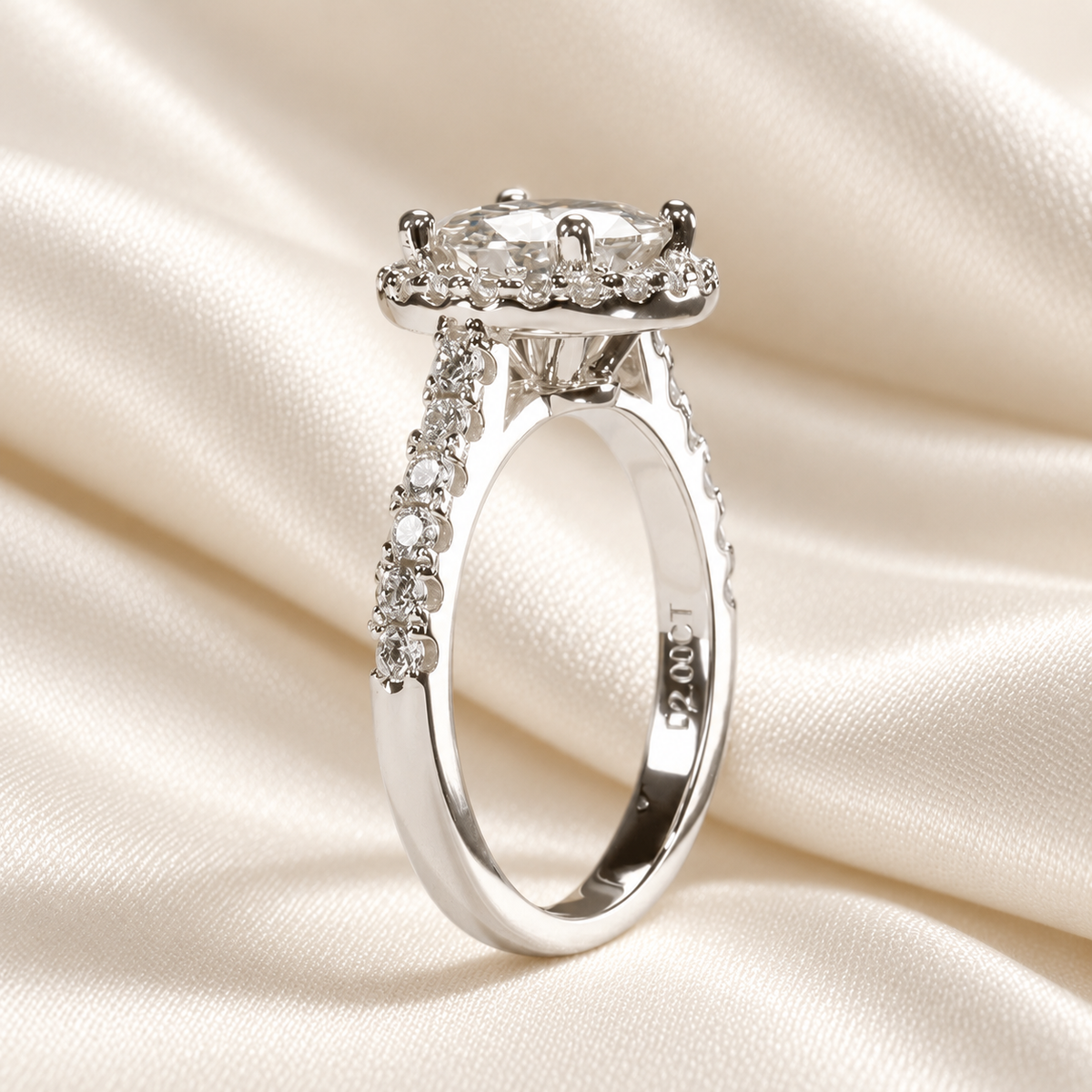 Round 2ct Moissanite Halo Ring with Half Pave in 18K White Gold Finish