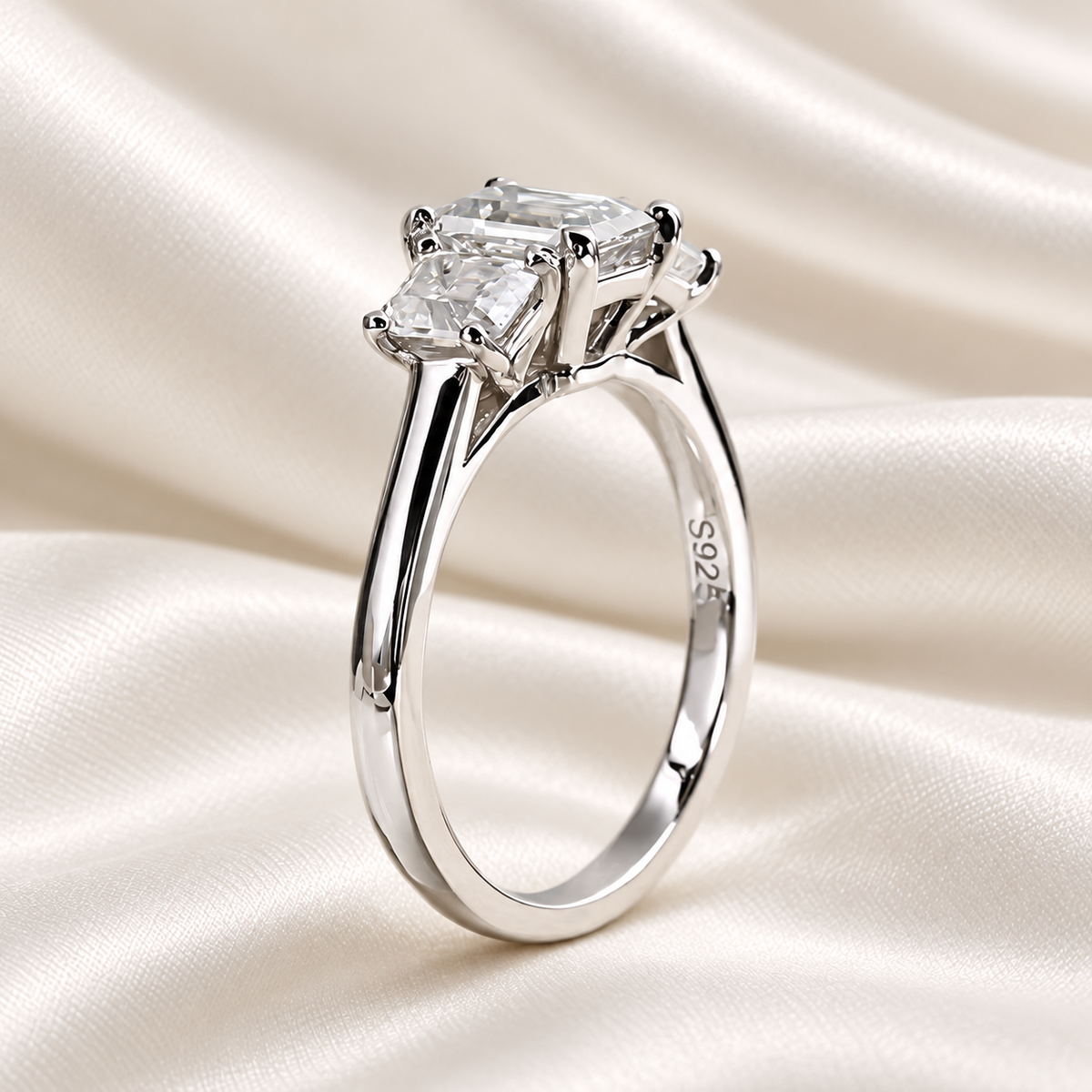 Tri-Emerald 1.8 TCW Moissanite Engagement Ring with 18K White Gold Finish
