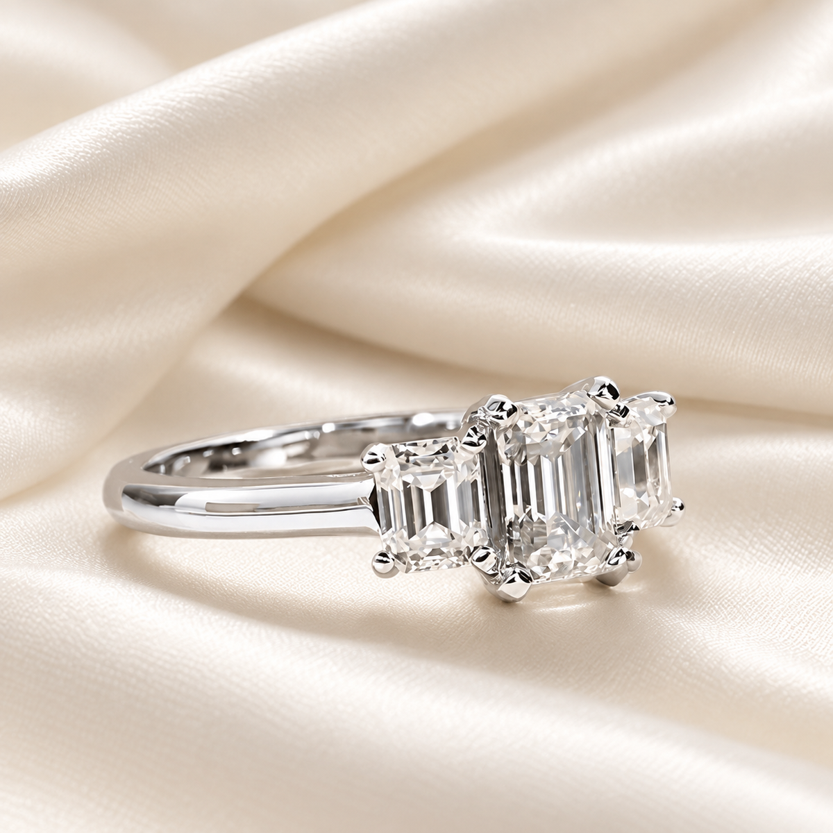 Tri-Emerald 1.8 TCW Moissanite Engagement Ring with 18K White Gold Finish