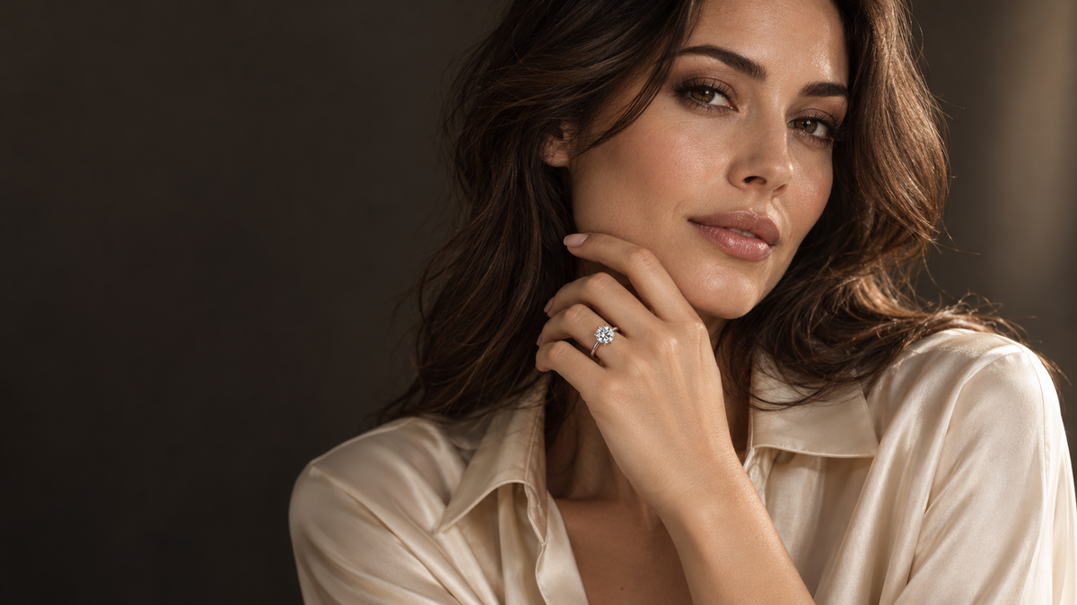 Editorial portrait of a model wearing the Empress III round moissanite solitaire ring